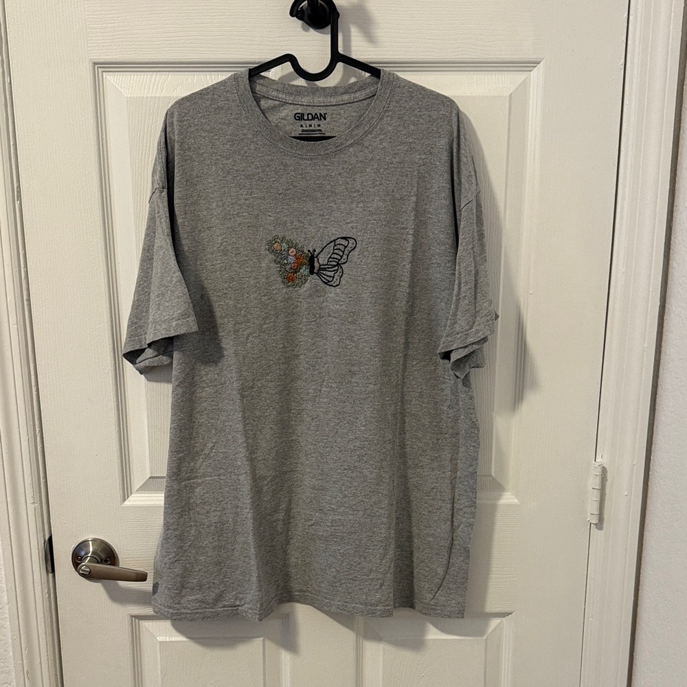 Gildan Heather Gray T-Shirt with Butterfly Graphic